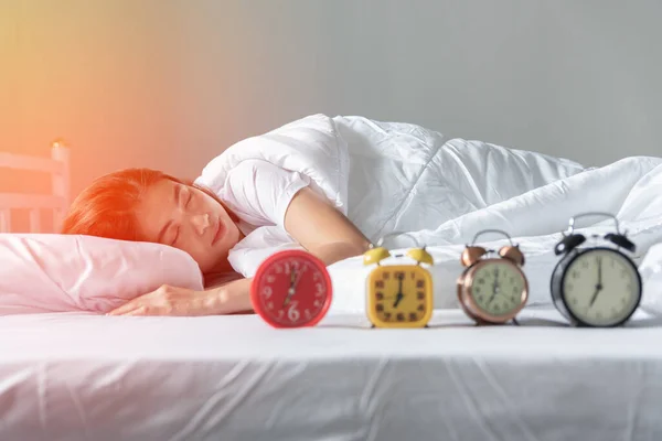 Woman Uses Pillow Cover Her Ears Loud Noise Bed — 图库照片