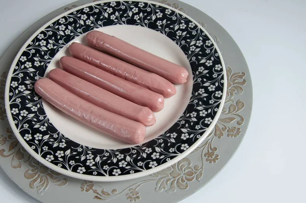 Delicious Sausages Top White Table — Zdjęcie stockowe