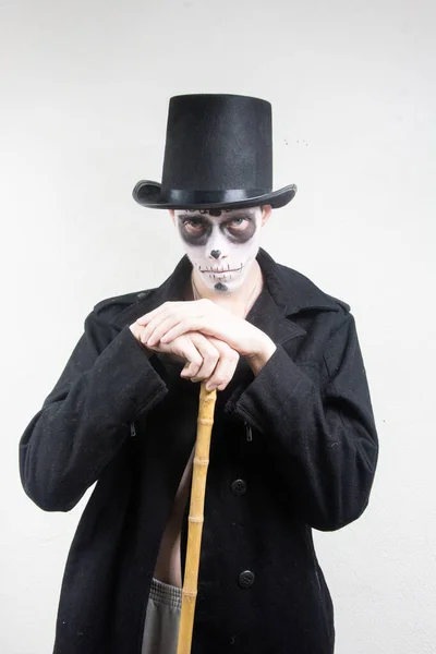 Homem Com Crânio Esqueleto Traje Halloween — Fotografia de Stock