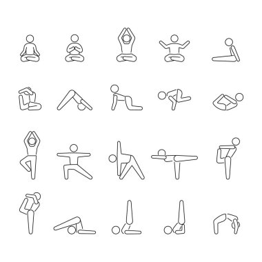 Yoga simgesi beyaz arkaplanda etkinlik koleksiyonundan izole edildi. Yoga simgesi seti ve logo, ağ, uygulama ve UI için modern yoga sembolü. Yoga simgesi basit işaret seti.
