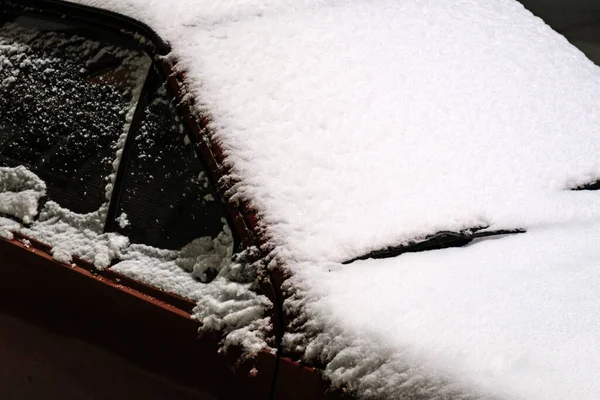 Close Snow Covered Windshield Car Snowfall — Stock Photo, Image
