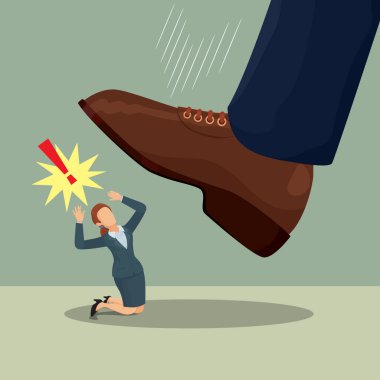 Koca ayak diz çökmüş bir iş kadınının üzerine basıyor, çizim vektörü karikatürü.