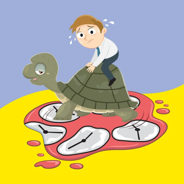 Affärsman Karaktär Cartoon Riding Enorma Sköldpadda Långsam Rörelse Till Framgång — Stock vektor