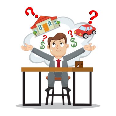 Ev ve araba borçları, illüstrasyon vektör karikatürü gibi finansal sorunları olan bir iş adamı.