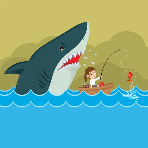 Cartoon Geschäftsfrau Bootsangeln Mit Riesigen Hai Schleichen Angriff Geschäftsmann Haie — Stockvektor