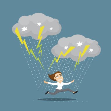  Kara gök gürültüsü bulutlarıyla yağmurda korkan iş kadını, Çizim vektörü karikatürü