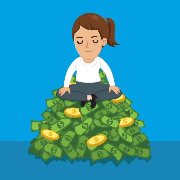 Mujer Negocios Haciendo Meditación Sentada Pila Dinero Ilustración Vector Dibujos — Vector de stock