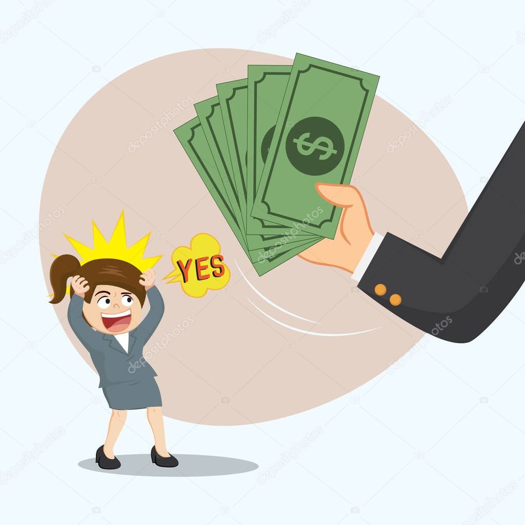 Business big hand give money to businesswoman, illustration vector cartoon