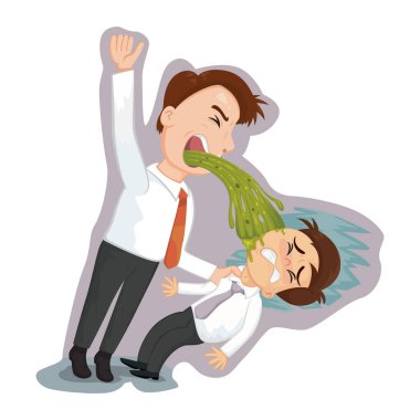 İş adamı arkadaşının üzerine kusuyor, çizim vektörü karikatürü.