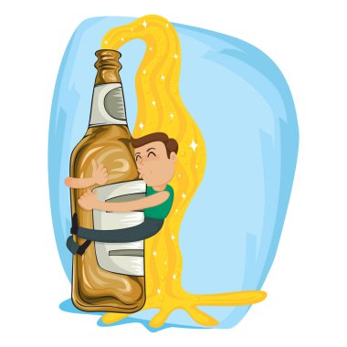 Mutlu sarhoş adam bira şişesine sarılıyor, çizim vektörü çizgi filmi.