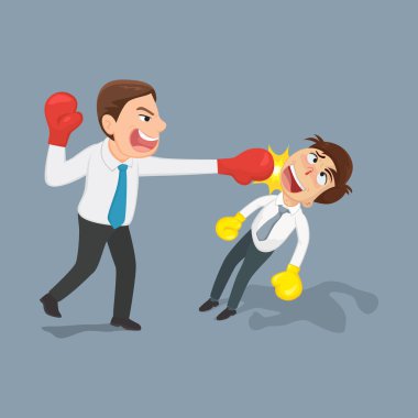 Boks eldivenli bir iş adamı, iş arkadaşının suratına yumruk atıyor.