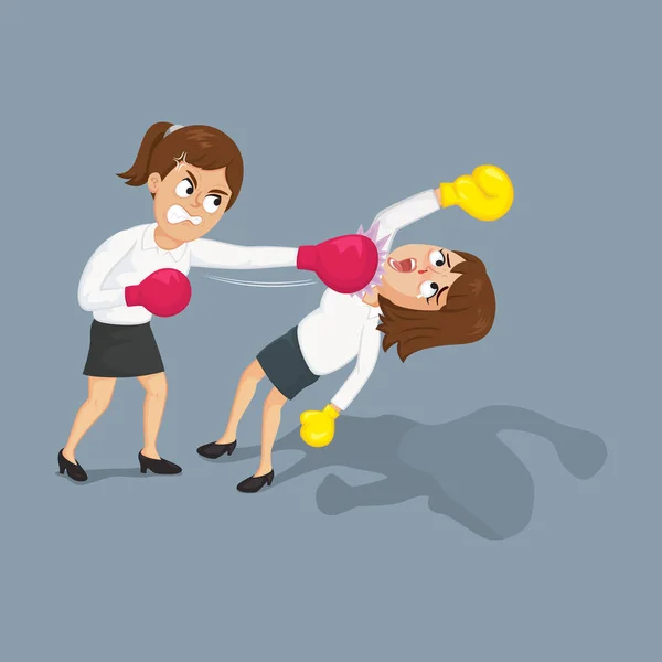 Businesswoman Boxing Gloves Punching Worker Face Illustration Vector Cartoon — Stock vektor