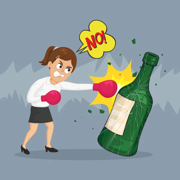 Geschäftsfrau Mit Boxhandschuhen Schlägt Gewohnheit Alkohol Trinken Illustration Vektor Cartoon — Stockvektor