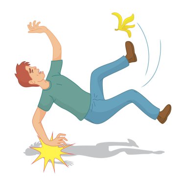 Business Man slipped on and falling a banana peel, vector illustration cartoon