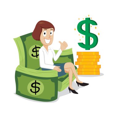 Rich businesswoman sitting on money dollar bills, Illustration vector cartoon