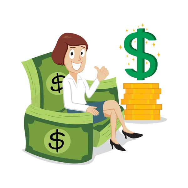 Rich Businesswoman Sitting Money Dollar Bills Illustration Vector Cartoon — Vector de stock