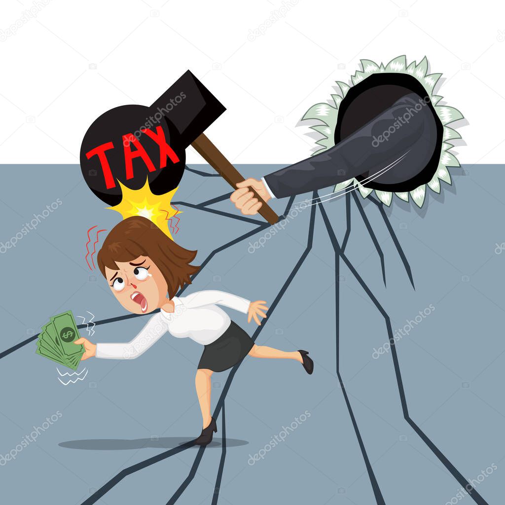 Tax hammer hitting head businesswoman, Illustration vector cartoon