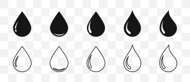 Su damlası şeklinde. Su damlası koleksiyonu. Vektör çizimi. Petrol ya da su damlası ana hatları simgeleri.