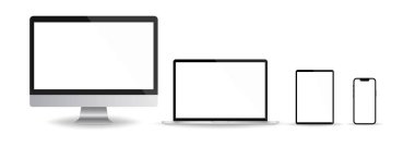 Mockup gerçekçi cihaz. Dizüstü bilgisayar, tablet, bilgisayar ve telefon seti. Vektör çizimi.