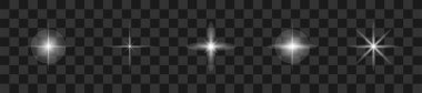 Glare light collection on transparent background. Vector illustration. Realistic white stars with glare.