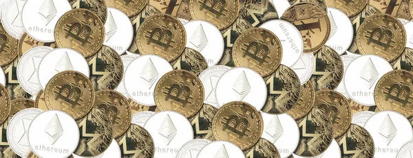 Cripto monedas de moneda, fondo de dinero con bitcoin y encabezado del sitio web etéreo, banner —  Fotos de Stock