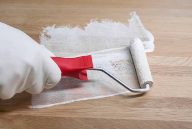 Boyama ve boyama beyaz renkli ahşap yüzey boya rulosu ile, kapat