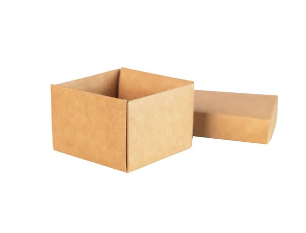 Cardboard box isolated on white. Empty craft carton gift container with cover — Stock Photo, Image