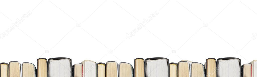 Book spins border isolated on white background. Literature banner with copy space