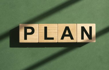 Word plan on wood cubes on green background