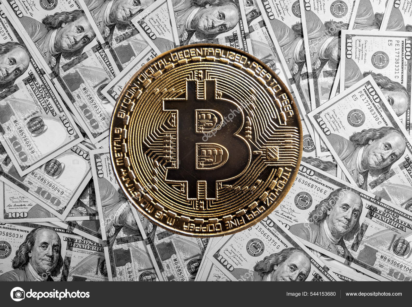 Huge bitcoin coin over dollars heap. BTC vs cash concept — Stock Photo © val.suprunovich  #544153680
