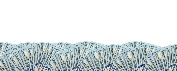 Horizontale Umrandung von US-Dollarscheinen isoliert auf weißem Hintergrund und Kopierraum. Banner mit Finanzierungskonzept. — Stockfoto