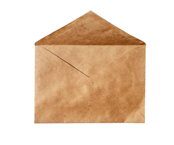 Envelope de papel marrom artesanal isolado no fundo branco. Envelope aberto em branco. — Fotografia de Stock