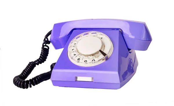 Violet retro rotary phone with cord isoalted on white background — 스톡 사진