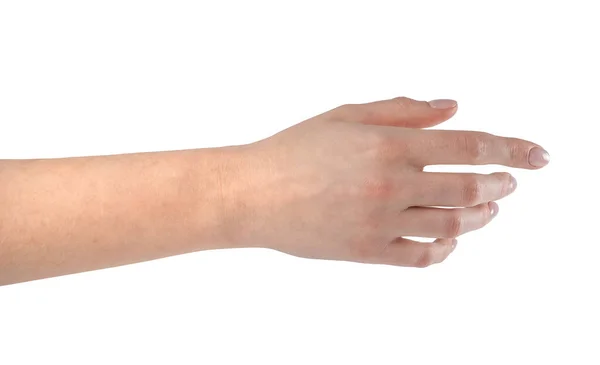 Kobieta wyciągająca dłoń w rękę. Pusta ręka kobiety odizolowana na białym tle. — Zdjęcie stockowe