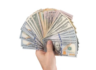 Beyaz arka planda izole edilmiş 100 dolarlık banknotlar. Amerikan parası.
