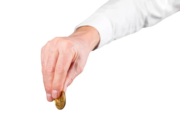Beyaz arka planda izole edilmiş bitcoin tutan bir iş adamı. Kripto para birimi. Bağış, katkı, yatırım kavramı