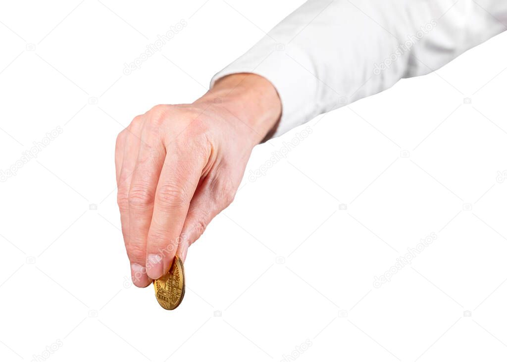 Businessman hand holding bitcoin coin isolated on white background. Cryptocurrency. Donation, contribution, investing concept