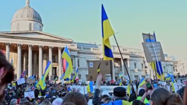 Ukrayna 'daki savaşa karşı düzenlenen gösteride Ulusal Galeri, Trafalgar Meydanı önündeki protestocular ve Ukrayna bayrakları