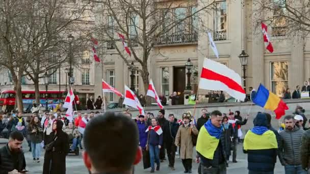 London Luty 2022 Protestujący Antysowieccy Noszą Tradycyjne Flagi Białoruskie Poparcie — Wideo stockowe