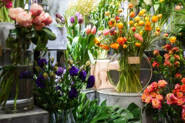 Çiçek ve yapraklardan oluşan yaratıcı bir düzen. Doğa konsepti. Çiçekli tebrik kartı. Metin alanı olan renkli bahar çiçekleri. Doğal trend dekoratif tasarımı.