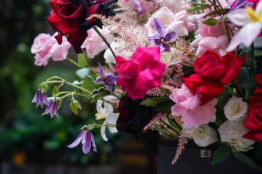 Çiçek ve yapraklardan oluşan yaratıcı bir düzen. Doğa konsepti. Çiçekli tebrik kartı. Metin alanı olan renkli bahar çiçekleri. Doğal trend dekoratif tasarımı.