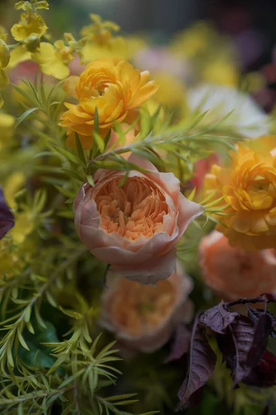 Layout Criativo Composto Por Flores Folhas Conceito Natureza Cartão Saudação — Fotografia de Stock