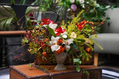 Çiçek ve yapraklardan oluşan yaratıcı bir düzen. Doğa konsepti. Çiçek tebrik kartı. Renkli bahar çiçeği arkaplanı, metin için alan. Doğa Moda Dekoratif Tasarımı.