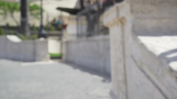 Empty Street Scene Blurred Stone Wall Large Concrete Railing Spanish — Stock Video