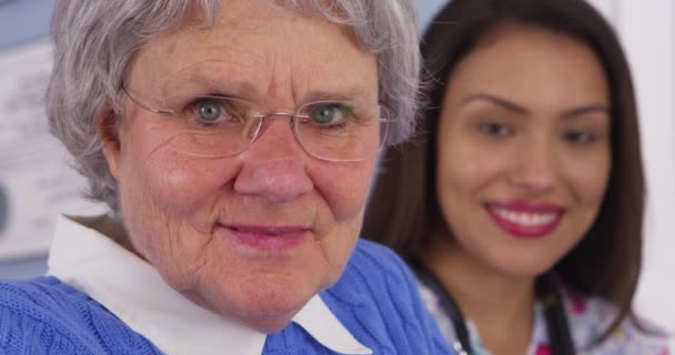 Senior Patient Mexican Caregiver Looking Camera — Stock Video