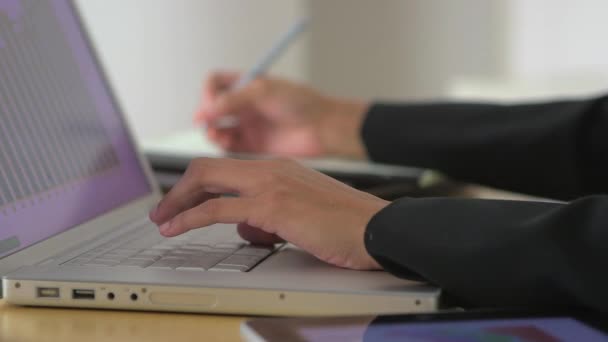 Close Mãos Mulher Negócios Usando Laptop Com Ascensão Até Rosto — Vídeo de Stock