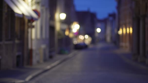 Placa Fundo Fora Foco Tranquila Rua Cidade Bruges Noite Cenário — Vídeo de Stock