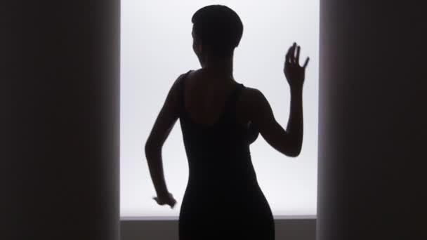 Achteraanzicht Van Zwarte Vrouw Dansen Voorkant Van Helder Licht — Stockvideo