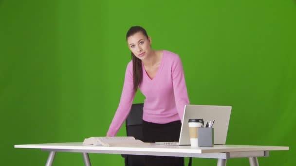 Portret Młodej Bizneswoman Stojącej Przy Biurku Laptopem — Wideo stockowe