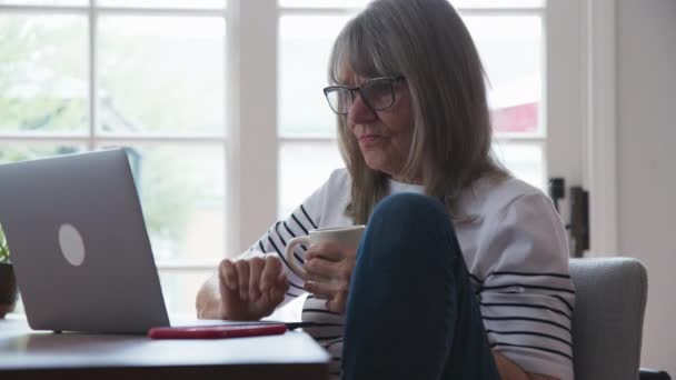 Mulher Mais Velha Relaxada Trabalhando Casa Seu Computador Portátil Mesa — Vídeo de Stock